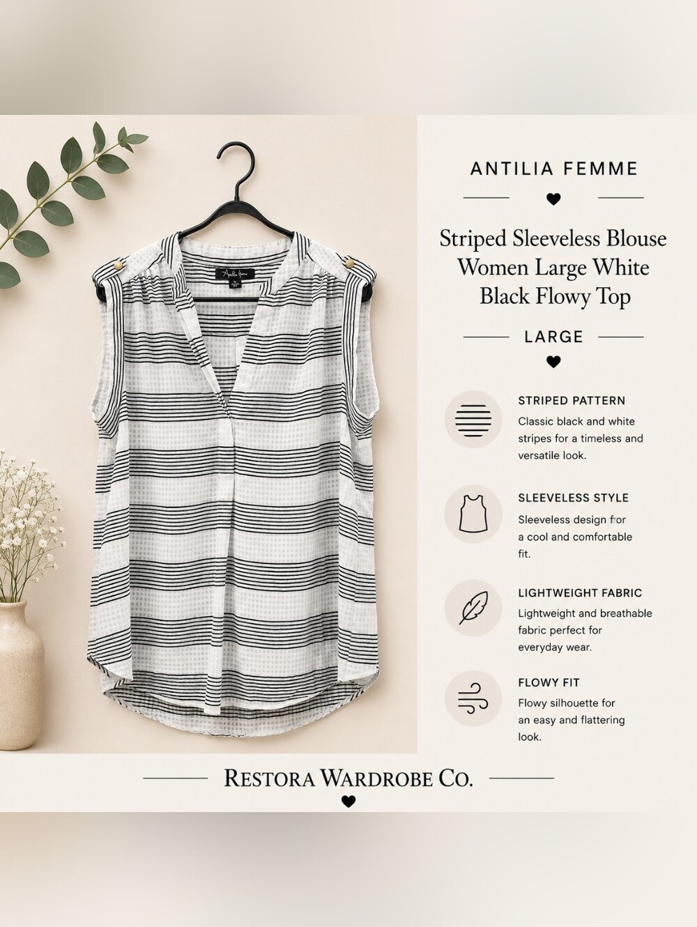 Antilia Femme Striped Hi Low Sleeveless Tunic Blouse White Black Size L